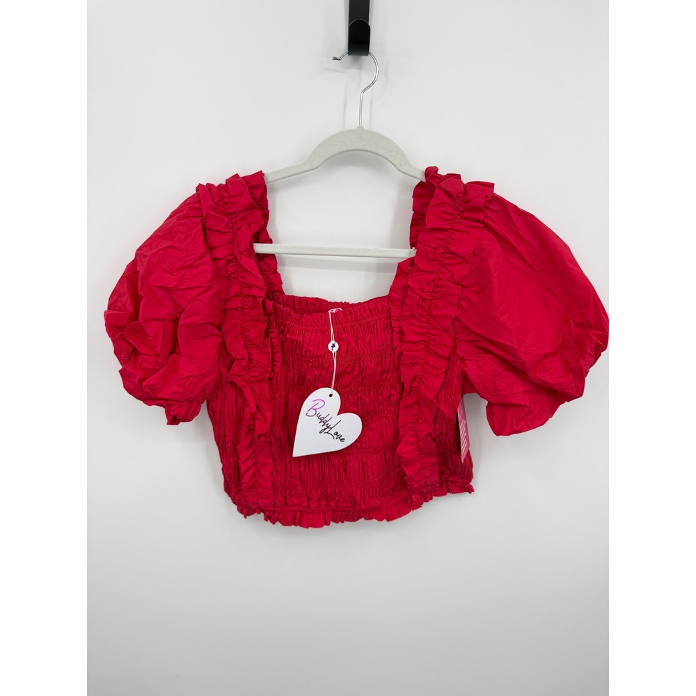 BuddyLove Tandy Crimson Top Women Size L Red Smocked Puff Sleeve Ruffle Crop NEW